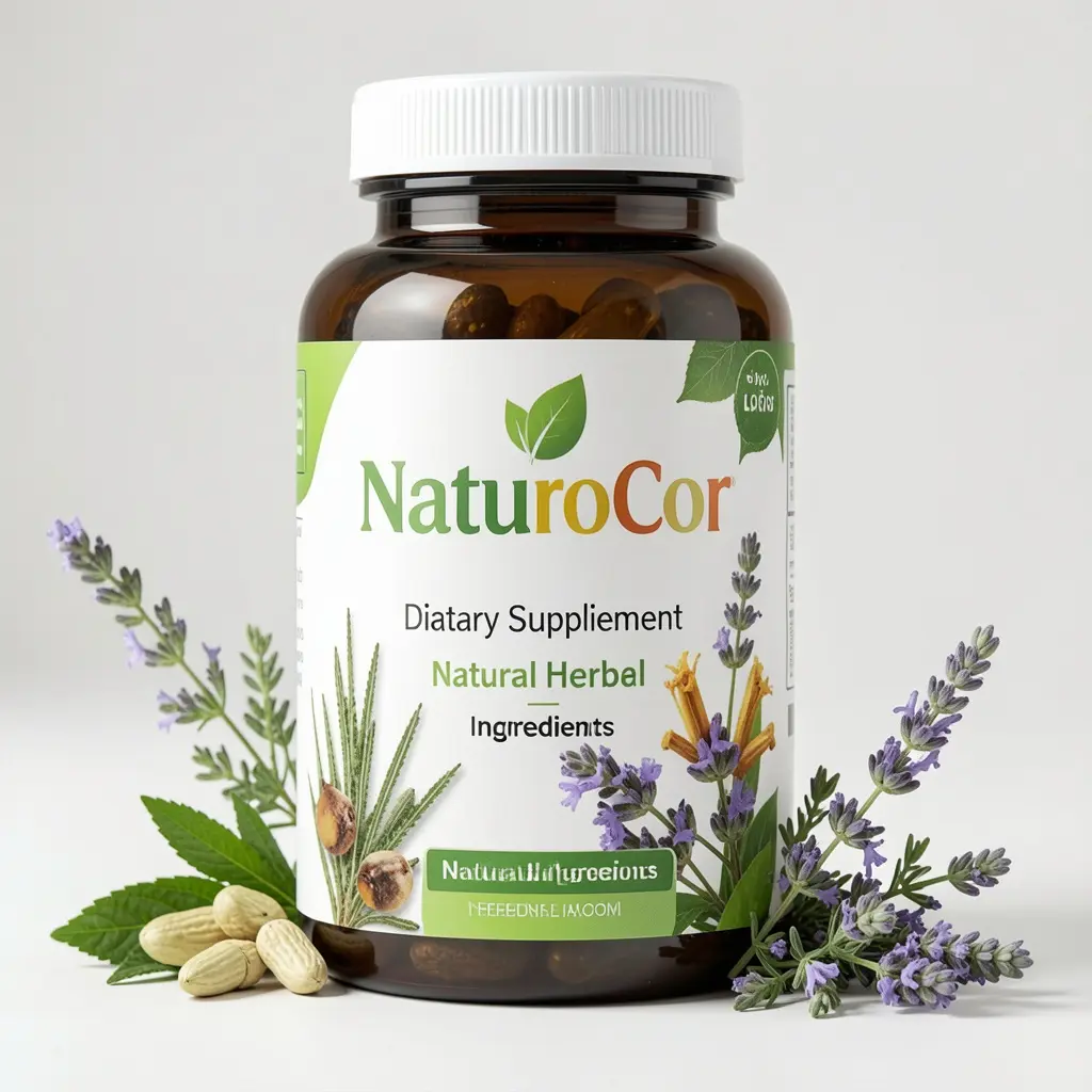 NaturoCor plant-based dietary supplement bottle with natural herbal ingredients